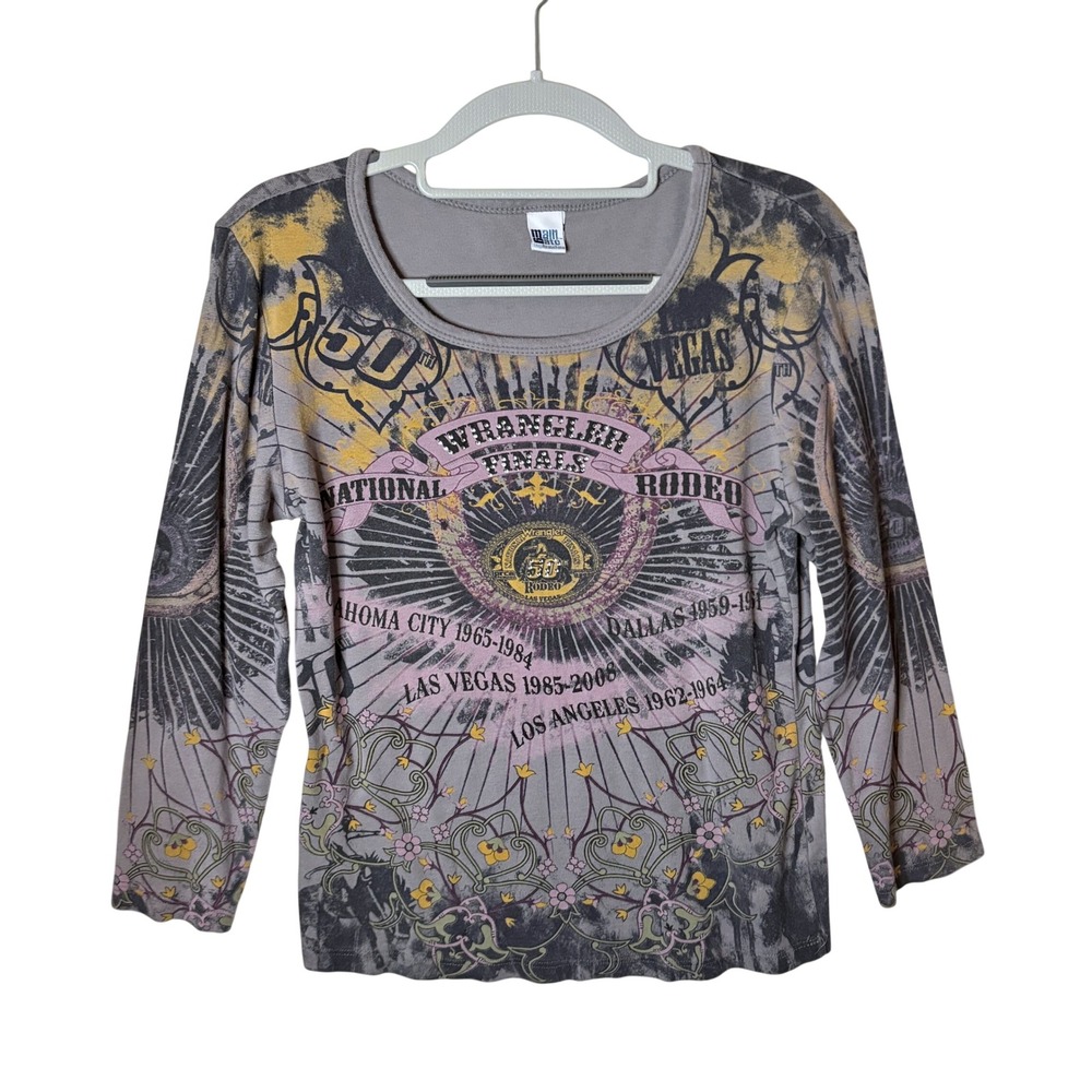 Main Gate Y2K VTG Wrangler Rodeo Graphic Tee Womens M Gray Rhinestone Cowgirl
